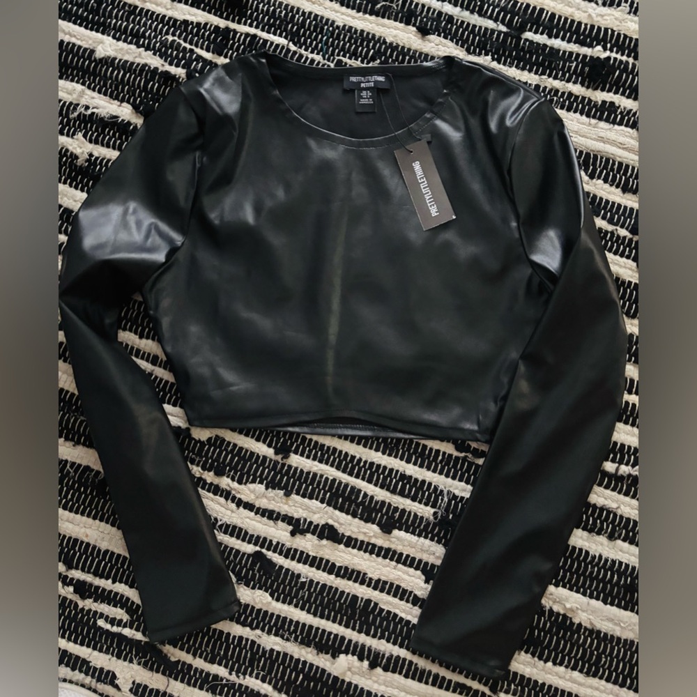 Prettylittlething Black Faux Leather Crop Top size 2, new with tag!